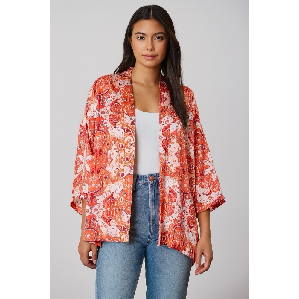 Violet & Claire | Satin Effect Luxe Paisley Floral Boho Open Front Kimono Coat
